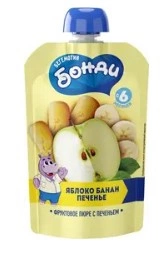 БЕГЕМОТИК БОНДИ Пюре  фруктовое яблоко, банан и печенье дой-пак. 90г