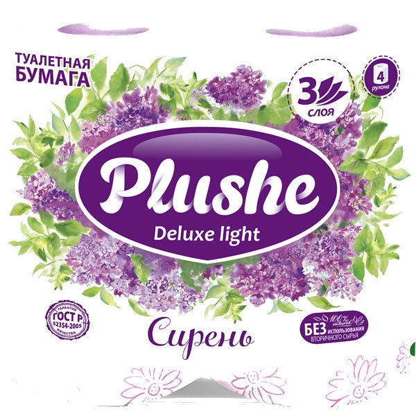 Бумага туалетная PLUSHE "Deluxe Light" сирень трехслойная 4 шт.