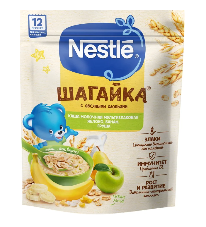 Каша NESTLE "Шагайка" молочная с овсяными хлопьями, мультизлаковая с яблоком, бананом и грушей с 12 мес. 190 г