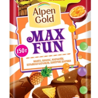 Шоколад ALPEN GOLD "Max Fun" молочный манго, ананас, маракуйя, взрывная карамель, шипучие шарики 150 г