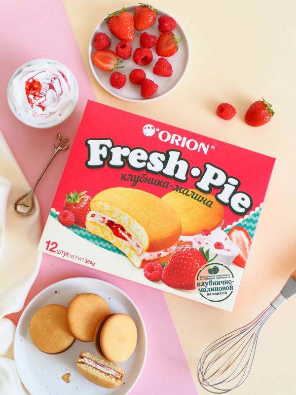 Пирожное ORION "Fresh Pie"  бисквитное с клубнично-малиновой начинкой 300 г