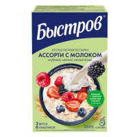 Каша моментальная БЫСТРОВ "Ассорти с молоком" овсяная клубника, малина, лесные ягоды 6х80г