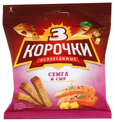 Сухарики ТРИ КОРОЧКИ ржано-пшеничные семга и сыр 60 г