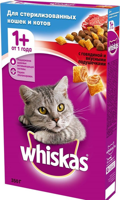 WHISKAS подушечки для стерилизованных кошек и котов с говядиной 350 г