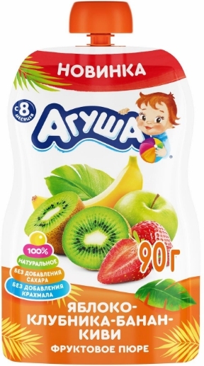 Пюре фруктовое АГУША яблоко-банан-клубника-киви для детей с 8 мес. 90 г