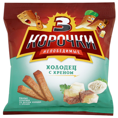 Сухарики ТРИ КОРОЧКИ ржано-пшеничные холодец с хреном 100 г